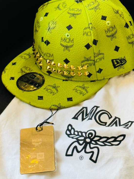 MCM Other - MCM Neon Yellow Logo Leather Studded Snapback Hat